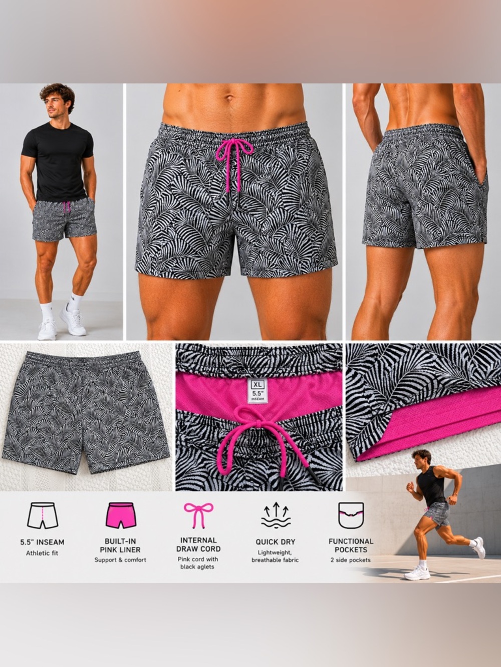 chubbies Black and White Palm-Print 5.5” Shorts with Pink Liner
